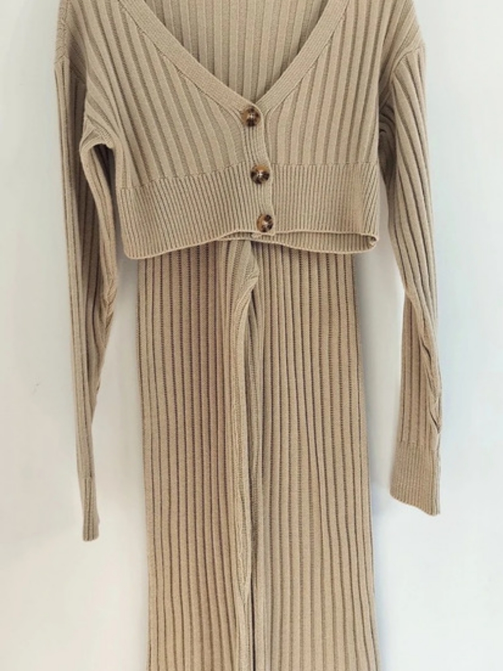 Nasty Gal Ribbed Knit Cardigan And Pants Set in Beige Size Small